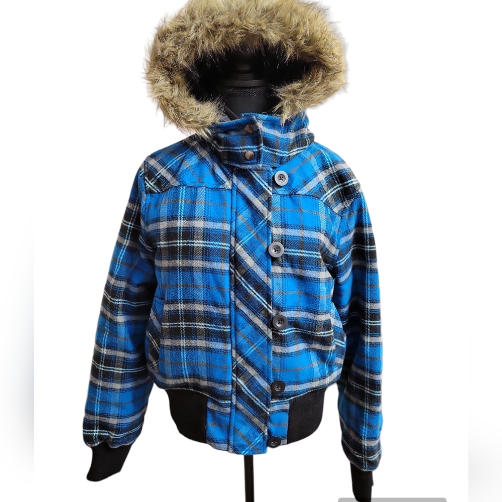 Op 15/17 Blue tartan Plaid flannel Bomber jacket y2k 90's
